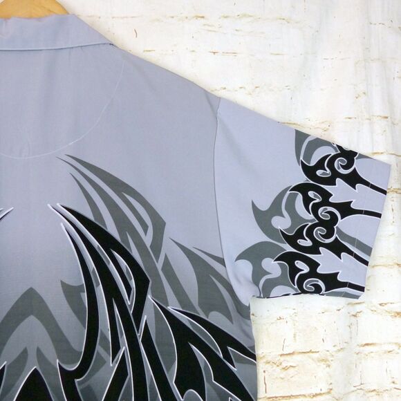 VTG Dragonfly Shirt Men M Gray Black Tribal Flame Button Loop Collar Grunge Bike - Picture 12 of 13